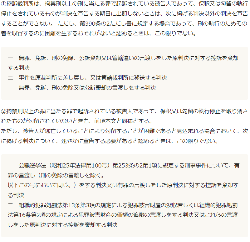 ①控訴裁判所は、拘禁刑以上の刑に当たる罪で起訴されている被告人であって、保釈又は勾留の執行停止をされているものが判決を宣告する期日に出頭しないときは、次に掲げる判決以外の判決を宣告することができない。 ただし、第390条の2ただし書に規定する場合であって、刑の執行のためその者を収容するのに困難を生ずるおそれがないと認めるときは、この限りでない。  一　無罪、免訴、刑の免除、公訴棄却又は管轄違いの言渡しをした原判決に対する控訴を棄却する判決 二　事件を原裁判所に差し戻し、又は管轄裁判所に移送する判決 三　無罪、免訴、刑の免除又は公訴棄却の言渡しをする判決 ②拘禁刑以上の罪に当たる罪で起訴されている被告人であって、保釈又は勾留の執行停止を取り消されたものが勾留されていないときも、前項本文と同様とする。 ただし、被告人が逃亡していることにより勾留することが困難であると見込まれる場合において、次に掲げる判決について、速やかに宣告する必要があると認めるときは、この限りでない。  一　公職選挙法（昭和25年法律第100号）第253条の2第1項に規定する刑事事件について、有罪の言渡し（刑の免除の言渡しを除く。 以下この号において同じ。）をする判決又は有罪の言渡しをした原判決に対する控訴を棄却する判決 二　組織的犯罪処罰法第13条第3項の規定による犯罪被害財産の没収若しくは組織的犯罪処罰法第16条第2項の規定による犯罪被害財産の価額の追徴の言渡しをする判決又はこれらの言渡しをした原判決に対する控訴を棄却する判決