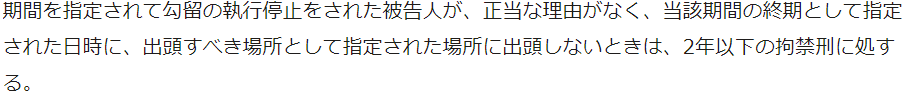 期間を指定されて勾留の執行停止をされた被告人が、正当な理由がなく、当該期間の終期として指定された日時に、出頭すべき場所として指定された場所に出頭しないときは、2年以下の拘禁刑に処する。