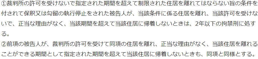  ①裁判所の許可を受けないで指定された期間を超えて制限された住居を離れてはならない旨の条件を付されて保釈又は勾留の執行停止をされた被告人が、当該条件に係る住居を離れ、当該許可を受けないで、正当な理由がなく、当該期間を超えて当該住居に帰着しないときは、2年以下の拘禁刑に処する。<br />  ②前項の被告人が、裁判所の許可を受けて同項の住居を離れ、正当な理由がなく、当該住居を離れることができる期間として指定された期間を超えて当該住居に帰着しないときも、同項と同様とする。